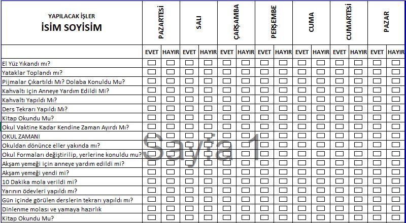 Çocuklar İçin Haftalık Görev Takip Çizelgesi